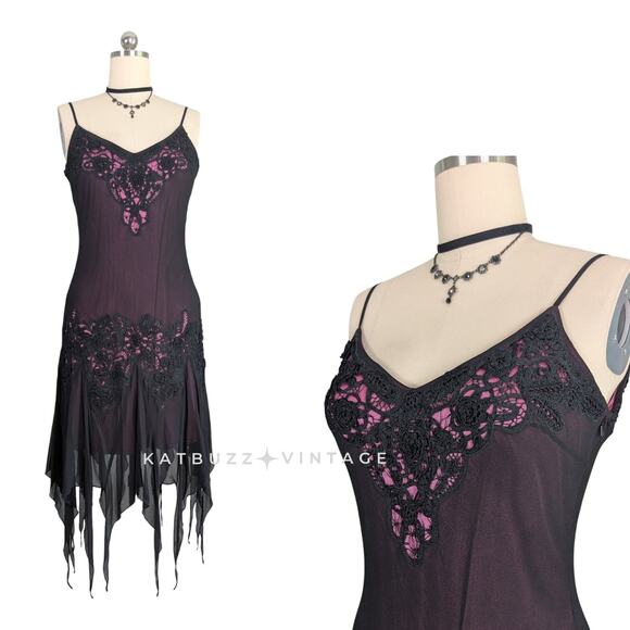 Sue Wong Midi Dress Silk Gown 12 Pink Black Fairy Goth Y2K 90S Lace Silk Overlay